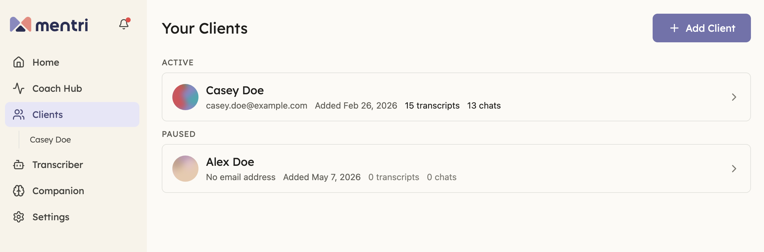 Clients grouped by status: Active and Paused