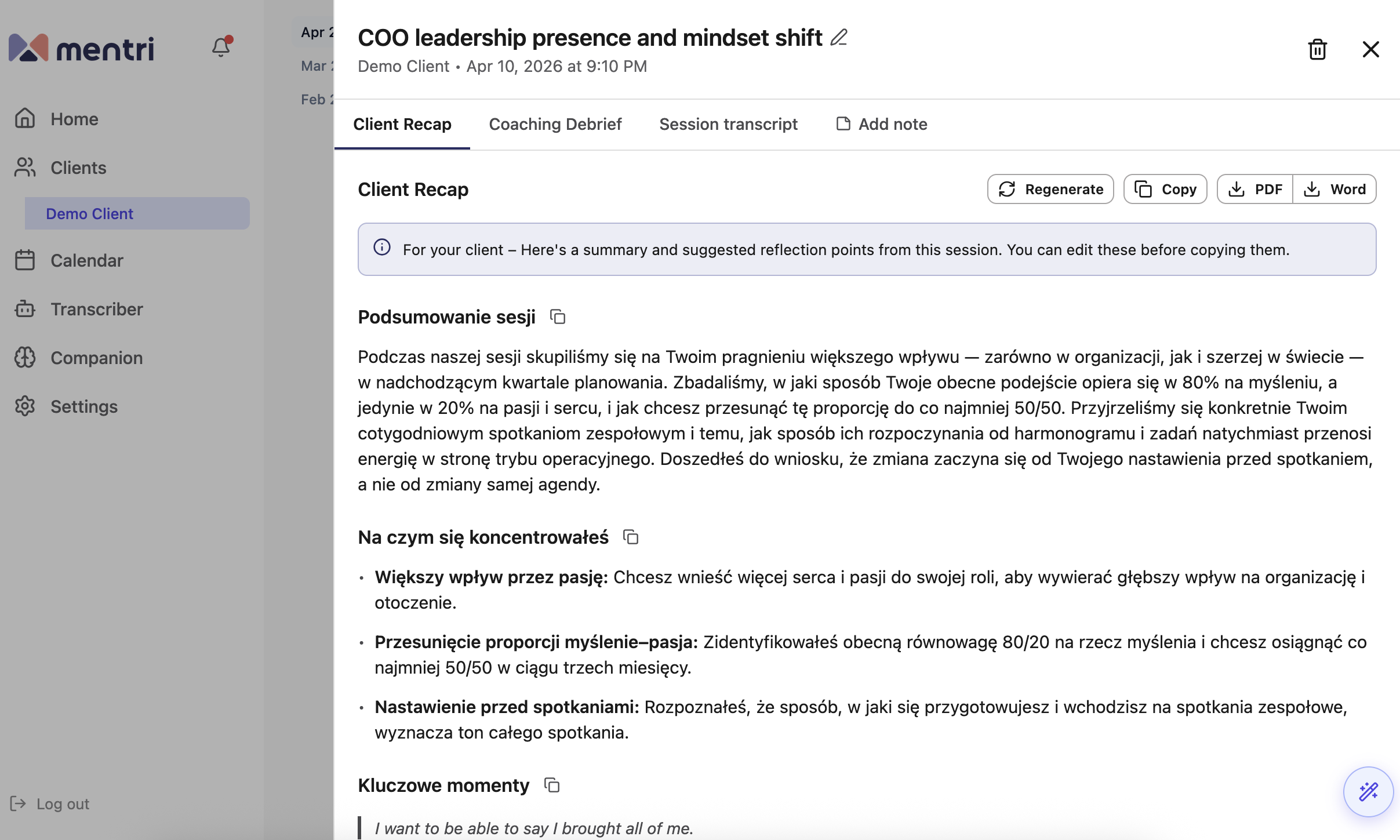 A client recap generated in the client's preferred language