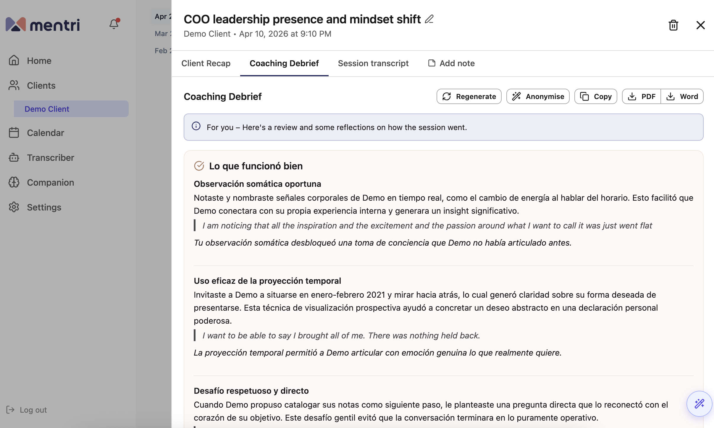 A coaching debrief generated in the coach's preferred language